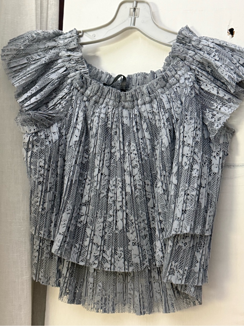 Zara Trafaluc slate grey/light blue off-the-shoulder pleated lace top.